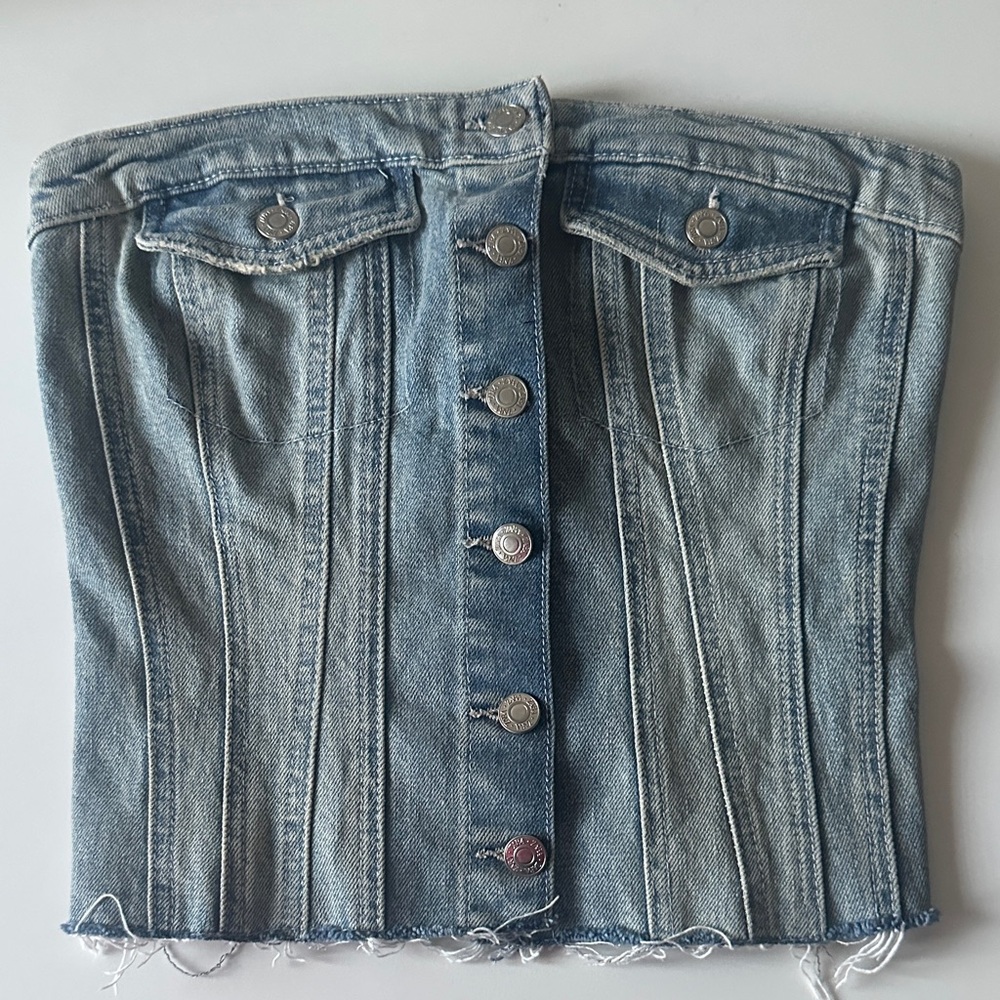 ZARA Denim Blue Distressed Button Down Corset Top Size M